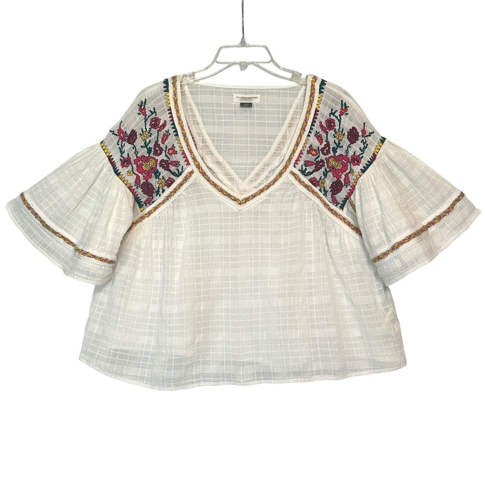 Pilcro Blouse Tawny Embroidered Floral Flutter Sleeve White L Boho Anthropologie